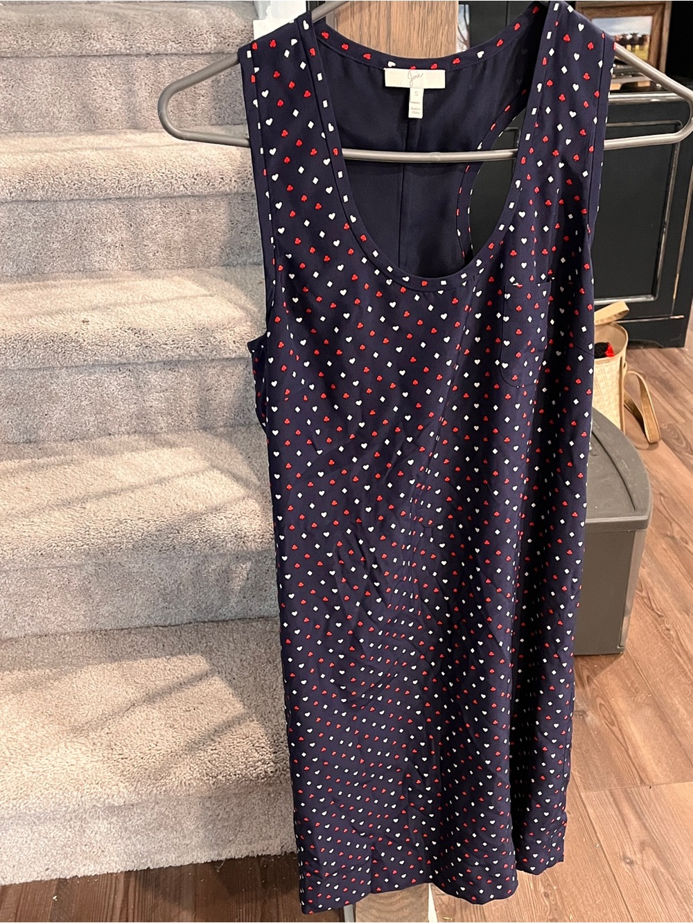 Joie Navy Sleeveless Midi Dress with Red & White Heart Dot Print 100% Silk